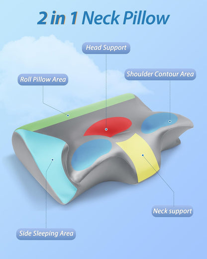 HOMCA Memory Foam Cervical Pillow, 2 in 1 Ergonomic Contour Orthopedic Pillow for Neck Pain, Contoured Support Pillows for Side Back Stomach Sleepers