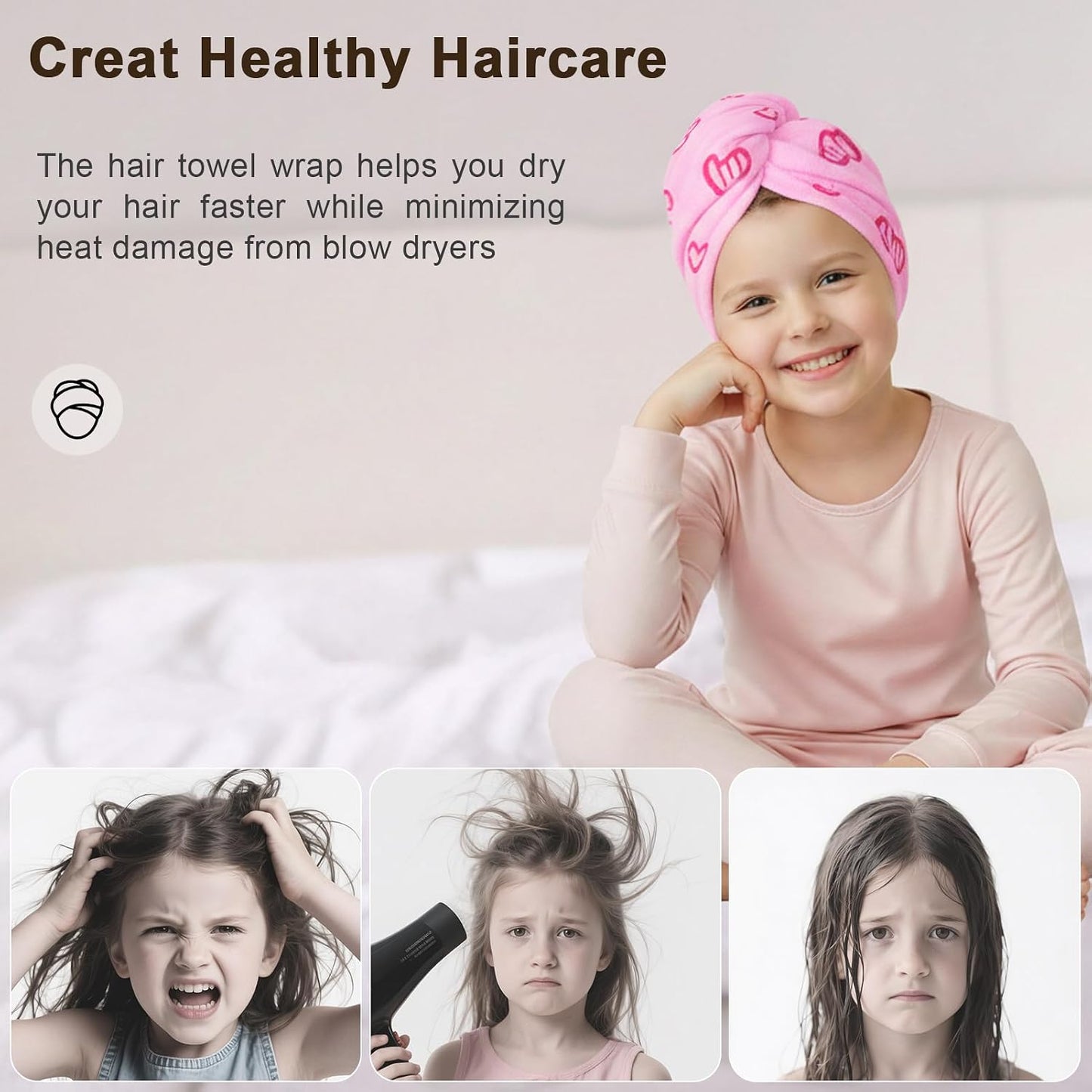 Unicorn Castle Microfiber Hair Towel for Kids 2Pack Hair Wrap Towels Absorbent Hair Drying Towel Wrap Hair Turbans for Curly Thick Hair, Pink White Strawberry
