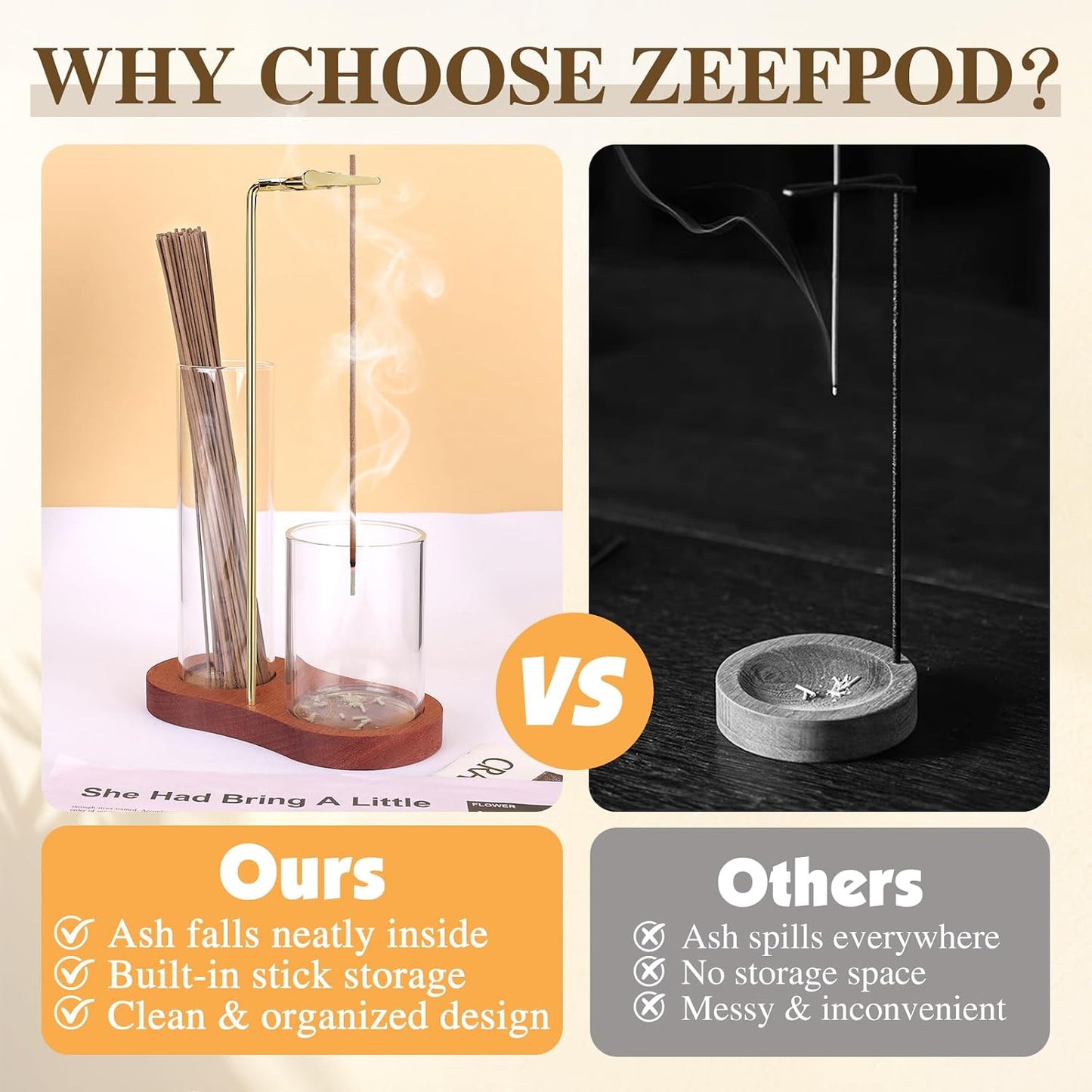 2 in 1 Incense Holder for Sticks with Glass Ash Catcher, Upside Down Anti-Ash Incense Stick Burner, Modern Vertical Incense Holder for Yoga, Spa, Meditation and Home Decor （Black）