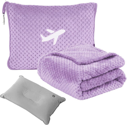 Travel Blanket Airplane Compact with Bag, Travel Essentials 3 in 1 Packable Airplane Blanket, Travel Pillow and Blanket Set, Inflatable Pillow, Luggage Sleeve & Backpack Clip (Light Grey)