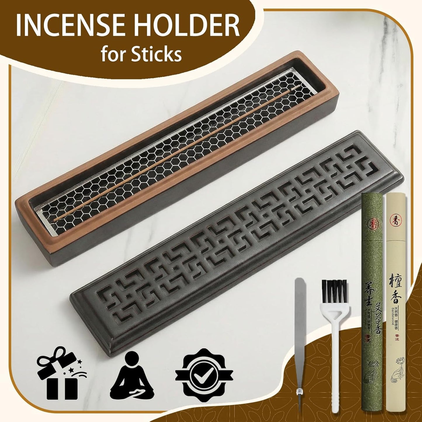 CEREMONY Incense Holder for Sticks, Ceramic Insence-Stick Holder Ash Catcher, Incense Holder Timkburner for Meditation Yoga Spa Room Incense Holder (Lever Brown)