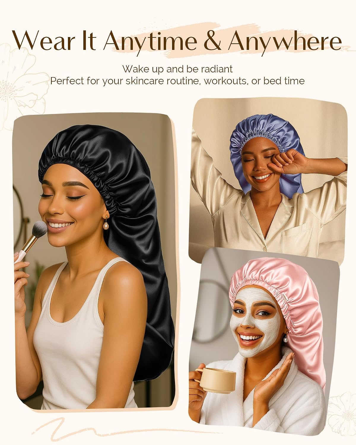 YANIBEST Satin Sleep Bonnet for Natural Hair - Extra Double Layer Long Adjustable Silk Hair Bonnet for Braids, Locs, Curls - Women’s Night Hair Protection Cap