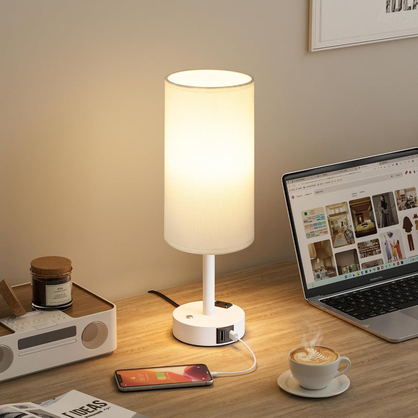 Touch Bedside Table Lamp with Memory - Stepless Dimmable Lamp for Bedroom, Small Nightstand Lamp with Dual USB Charging Ports and AC Outlet, Wood Night Light, Desk Lamp for Nursery, Living Room, Dorm