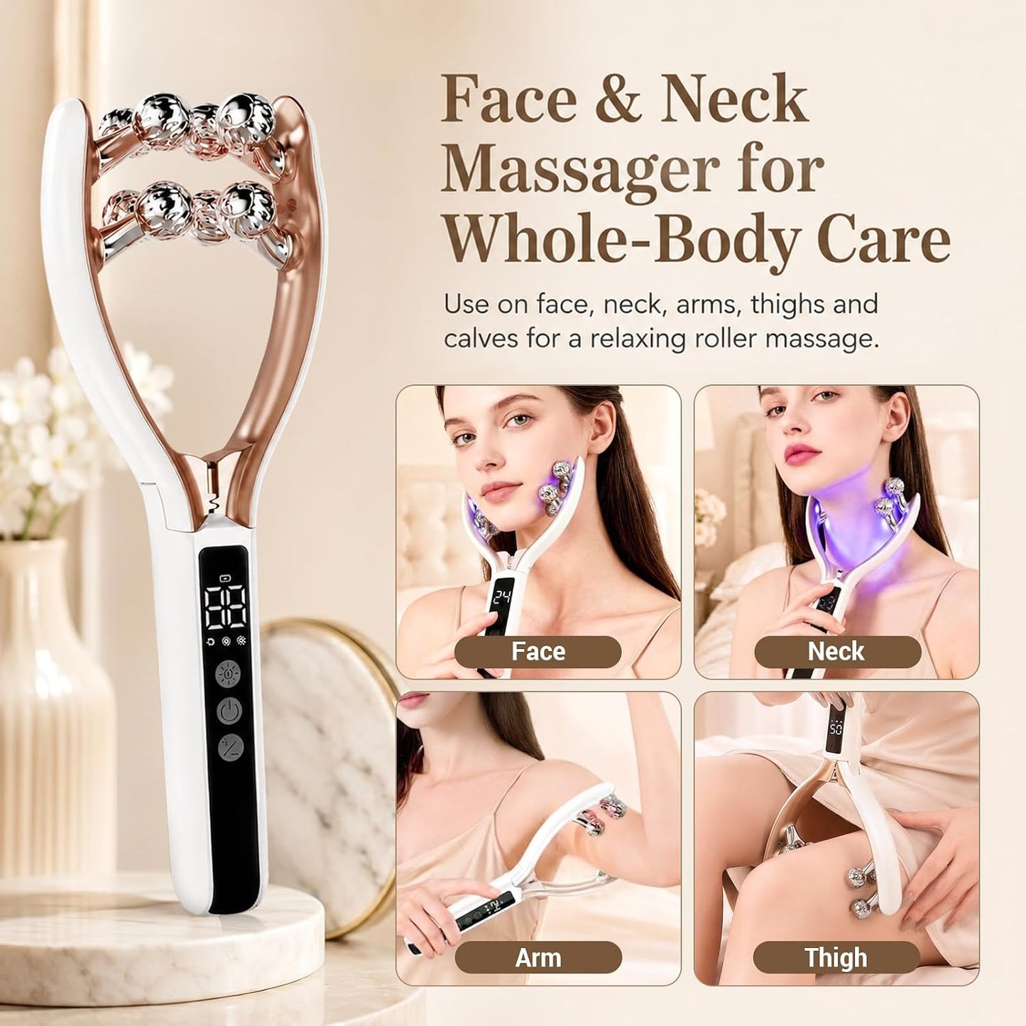 Wireless Face Massager Tool, 8-Roller 3D Face Roller for Women