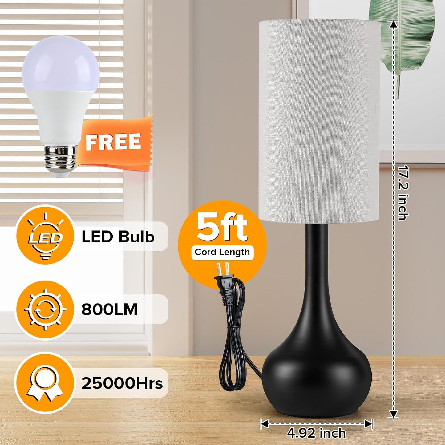 Touch Bedside Lamp for Nightstand,3-Way Dimmable,Space Saving & No Assembly Required, Upgraded Small Droplet Vintage Black Table Lamp for Bedroom, Living Room (2700K LED Bulb Included)