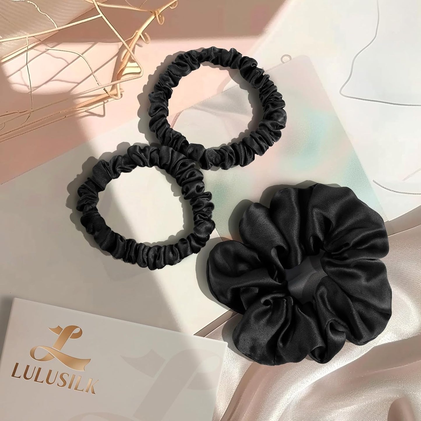 LULUSILK Silk Scrunchies for Hair Sleep, 100% Real Mulberry Silk, No Damage Hair Ties for Women and Girls, Classic Black, Pack of 3