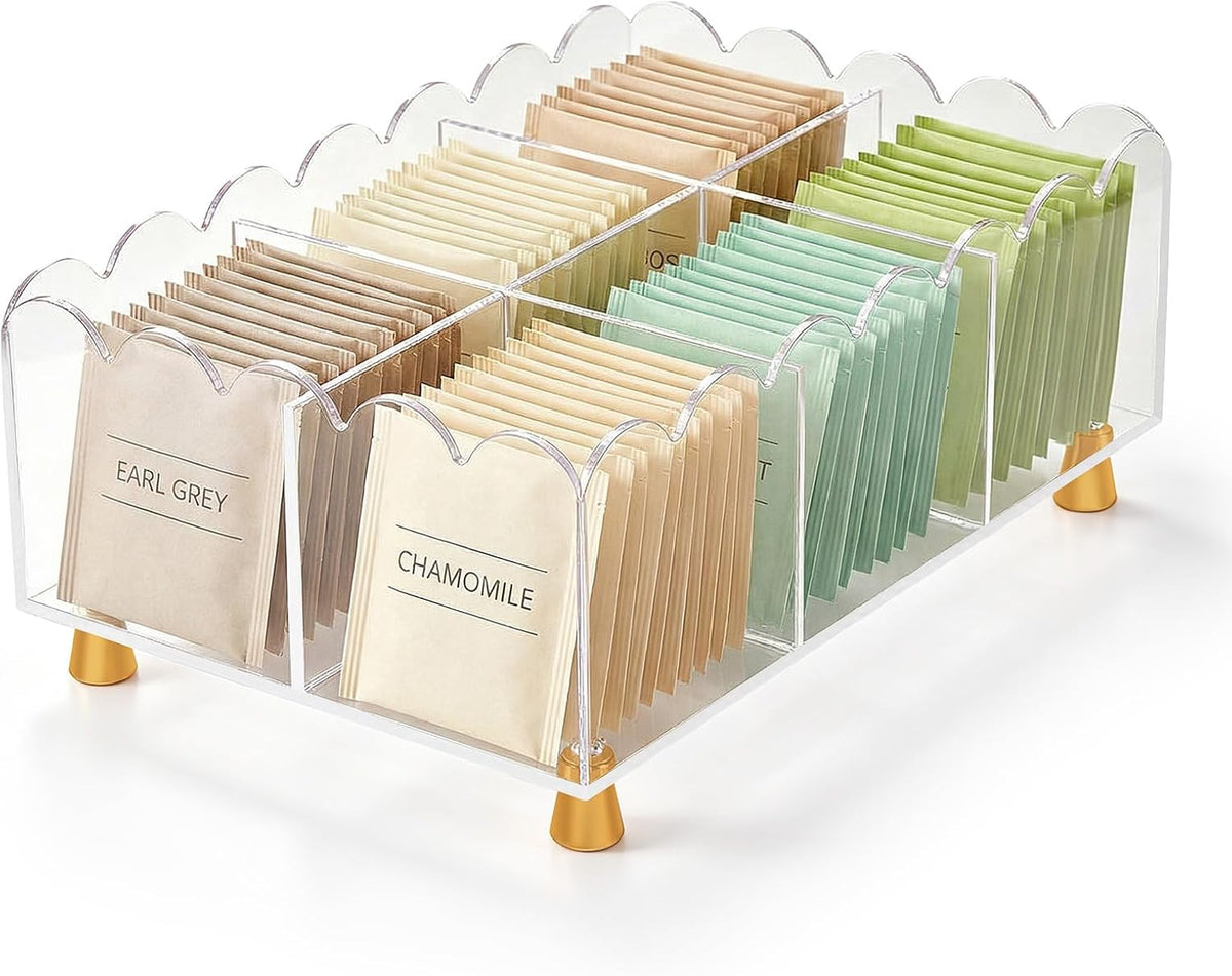 Acrylic Tea Bag Organizer, 6 Spacious Compartments Tea Bag Holder, Clear Scalloped Edge with Gold Accent Feet, Tea Storage Box for Countertop, Pantry, Cabinet, Sugar Packets