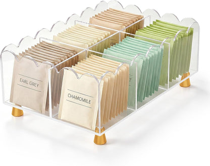 Acrylic Tea Bag Organizer, 6 Spacious Compartments Tea Bag Holder, Clear Scalloped Edge with Gold Accent Feet, Tea Storage Box for Countertop, Pantry, Cabinet, Sugar Packets