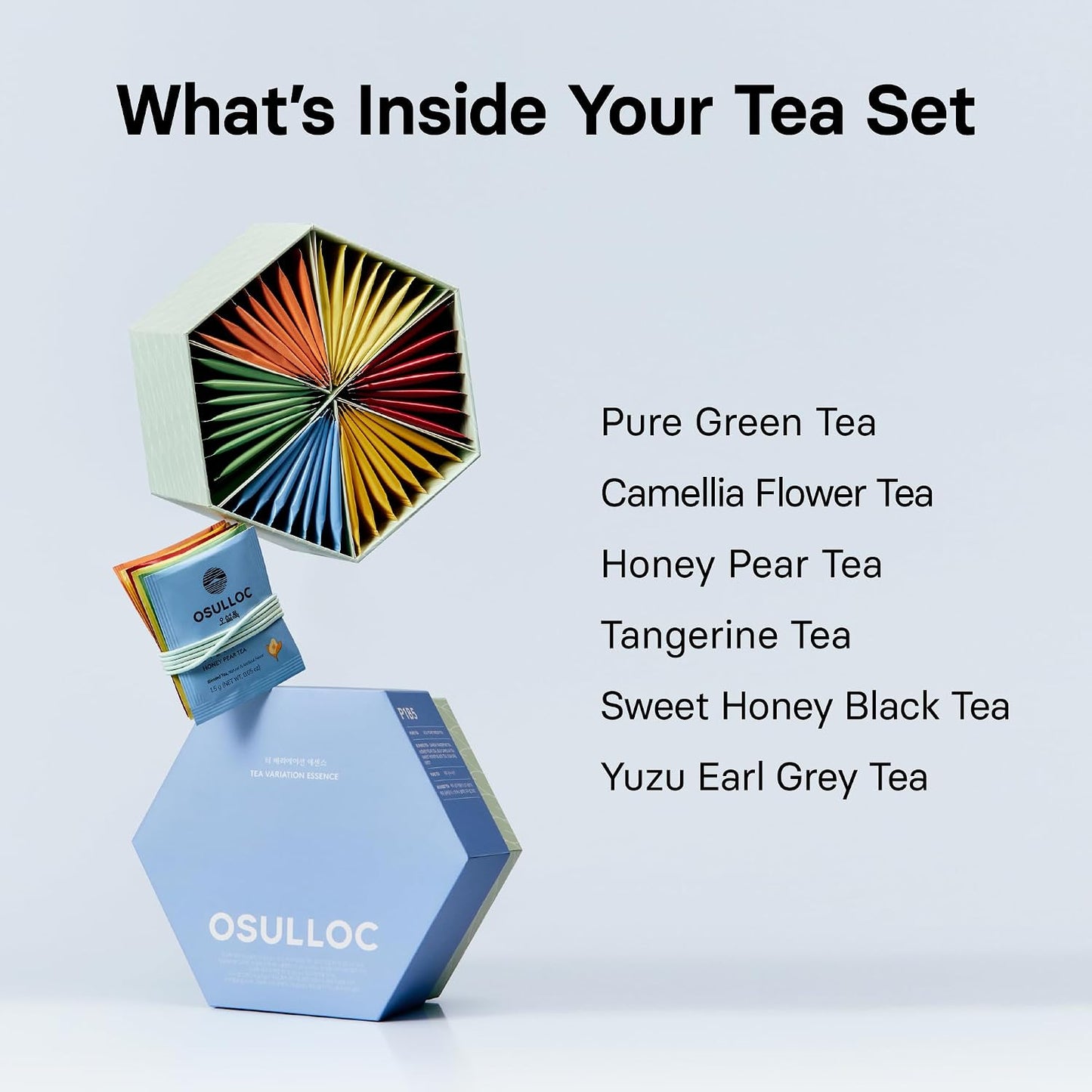 OSULLOC Premium Tea Collection (40 count, 10 flavors x 4 ea), Self Care Sampler Gift Box Variety Pack, Premium Organic Pure & Blended Tea from Jeju