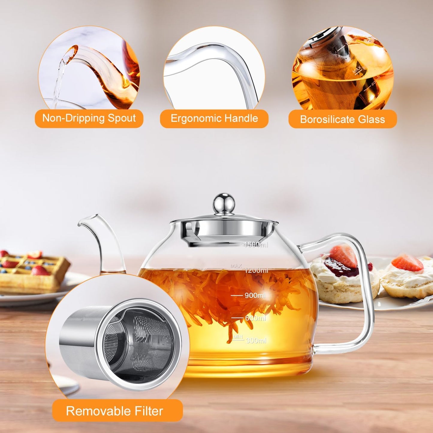STNTUS Glass Teapot, 40 oz. / 1200 ml for Loose Tea, With Infuser and Stainless Steel Strainer, Stovetop Safe, 4-6 Cups