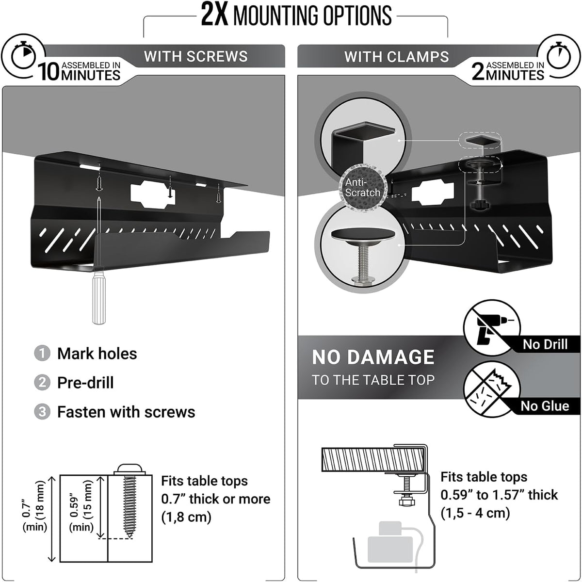 Under Desk Cable Management Tray no Drill – Wire Management - Cord Organizer – Huge Load Capacity – Under Desk Cable Tray no Drill (Black)