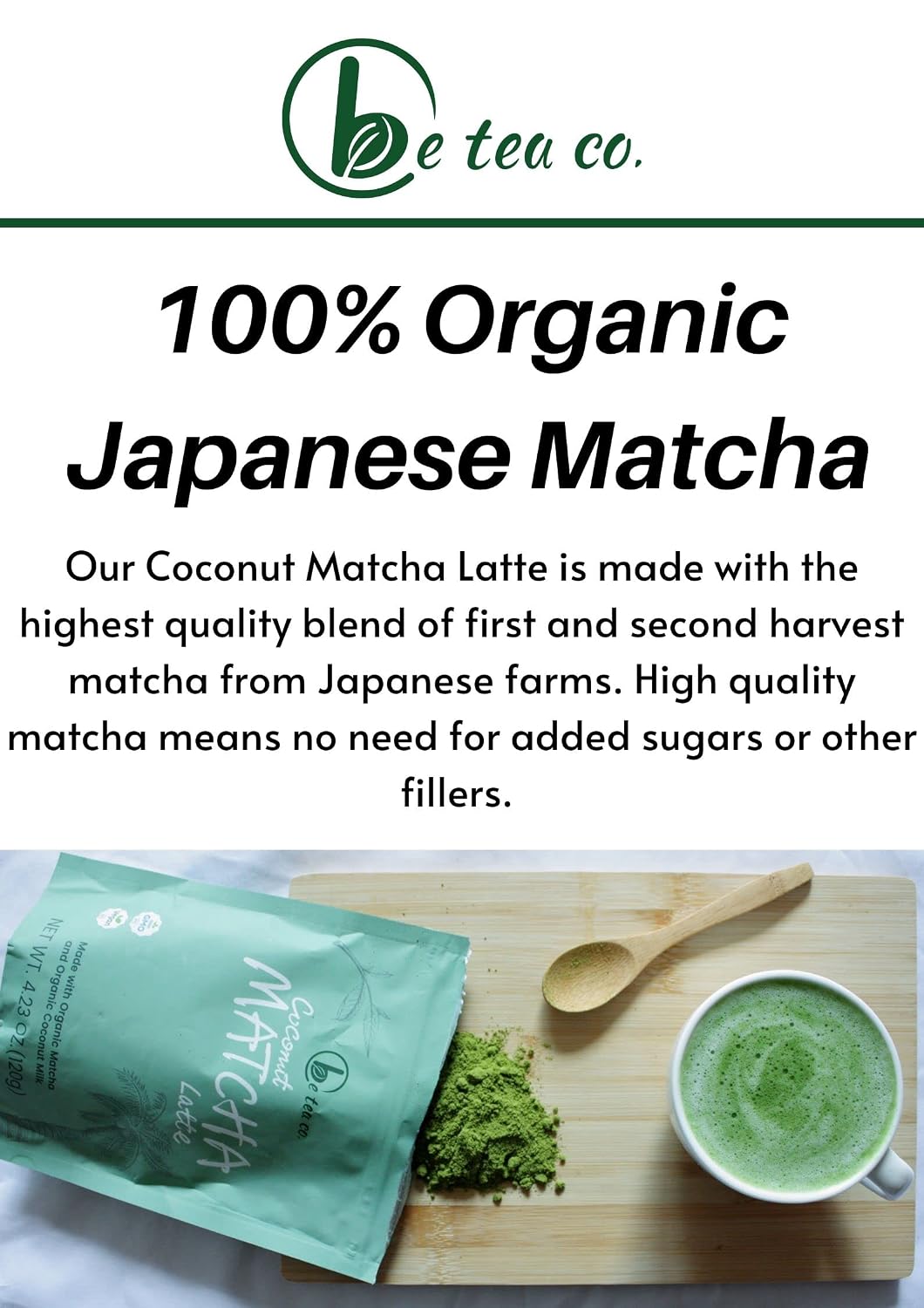Be Tea Co. Coconut Matcha Latte | Organic Dairy-Free Latte Mix | Japanese Ceremonial Grade | Antioxidant-Rich | Vegan Drink | No Added Sugars | 24 Servings