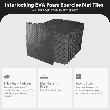 BalanceFrom Puzzle Exercise Mat 1/2" Thick, EVA Interlocking Foam Floor | Tiles for Home Gym, Mat for Home Workout Equipment, Floor Padding for Kids, Black, 24 in x 24 in x 1/2 in, 144 Sq Ft-36 Tiles