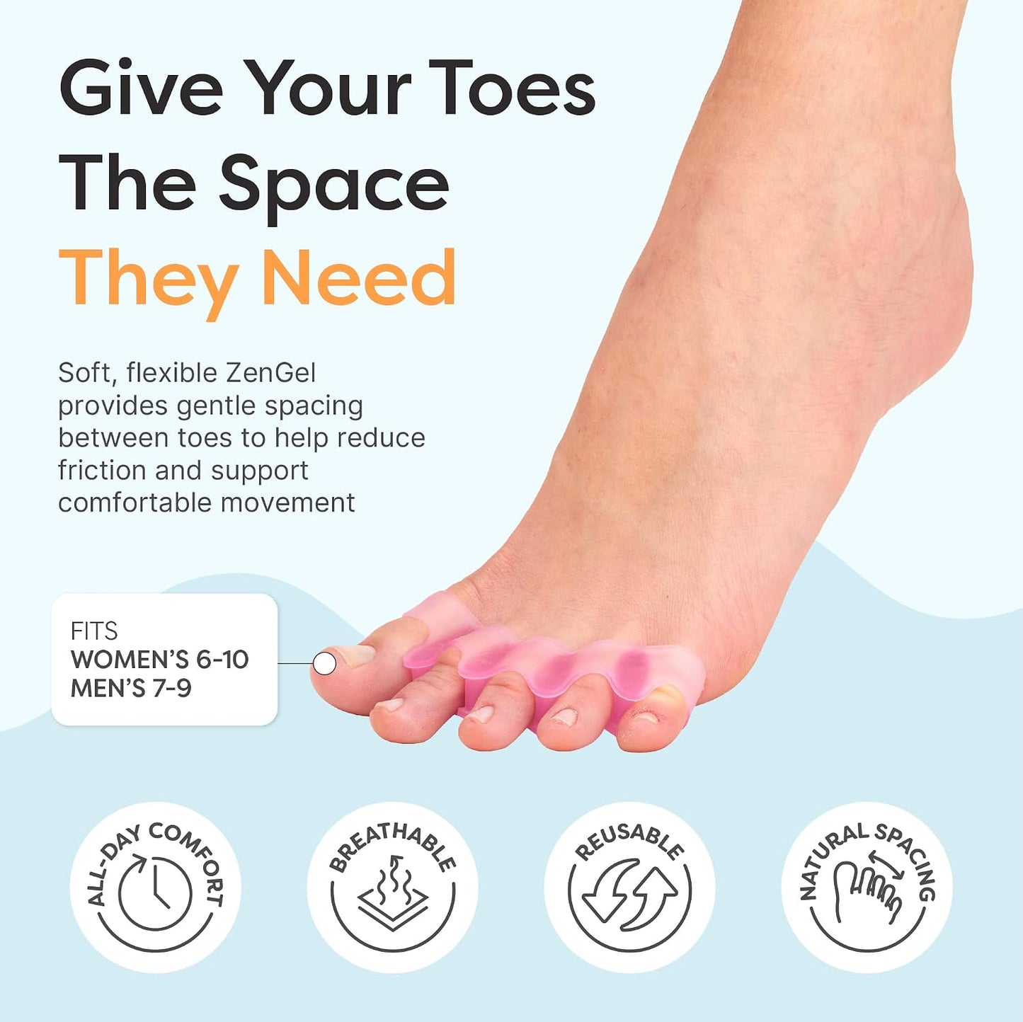 ZenToes Silicone Toe Spacers and Separators for Correct Toe Alignment, Bunion Relief, Hammertoe Straightener, Gel Orthopedic Corrector – 1 Pair (Black)