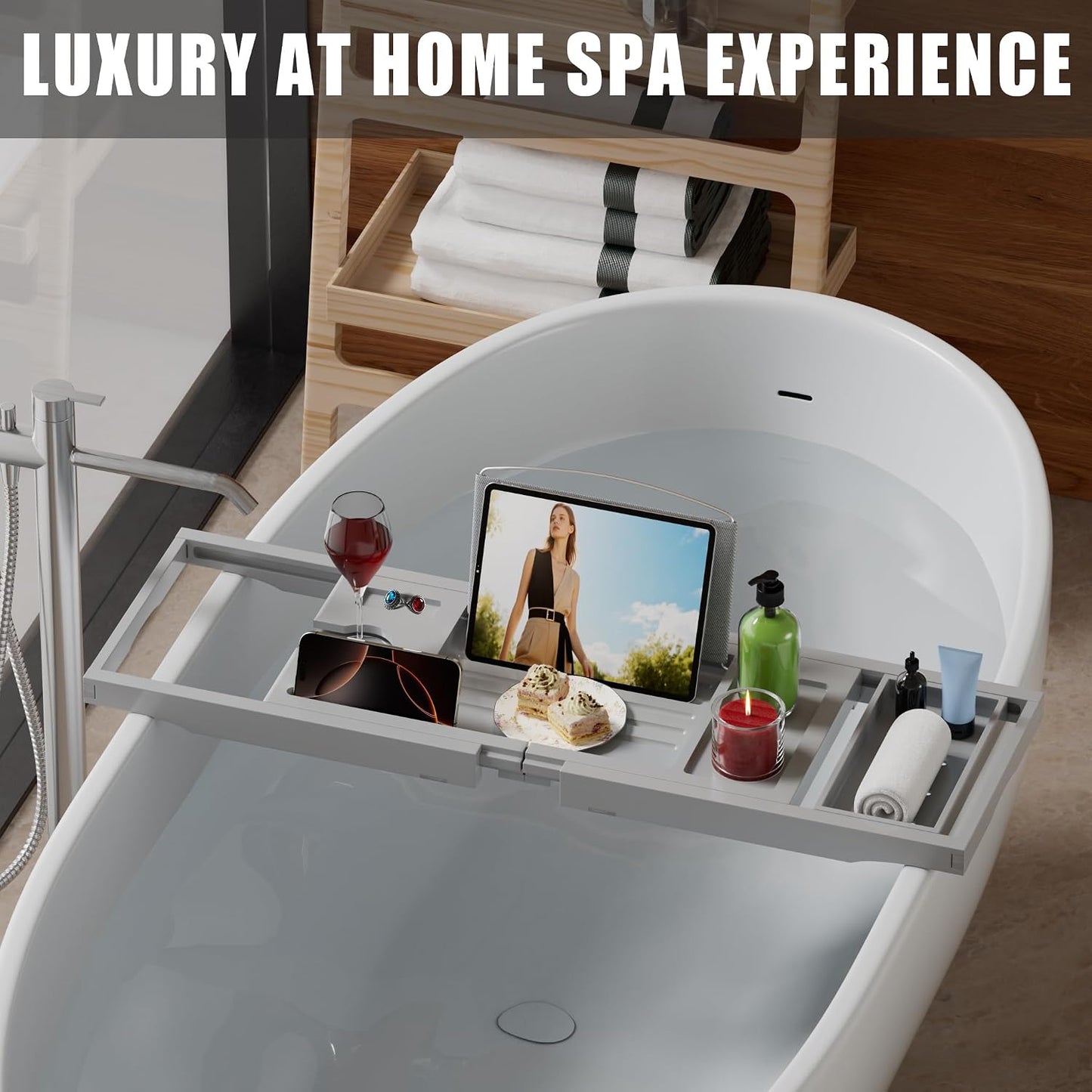 Foldable Bathtub Caddy Tray for Tub,Bamboo Expandable Bath Table Trays,Premium Bathroom Accessories for New Home & Mothers Day & Birthday Gifts for Couples,Natural