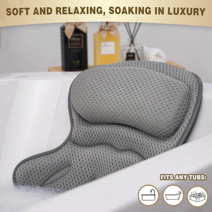 Bath Pillow Luxury Bathtub Pillow, Extra Soft & Comfortable Bath Pillows for Tub Head Neck and Back Support, with 4D Air Mesh Cushions & Non-Slip Suction Cups - Bath Accessories Spa Gifts for Women