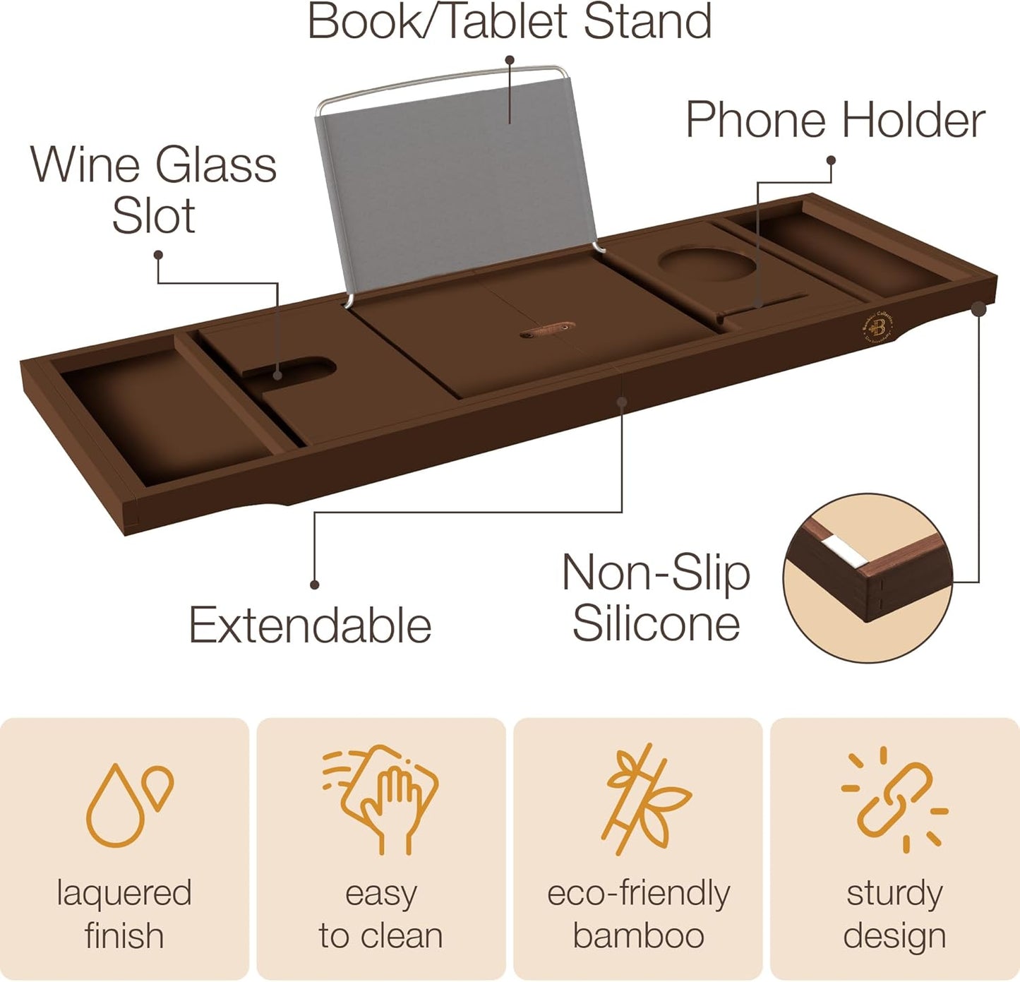 Bambüsi Bathtub Tray for Tub - Brown Bamboo Bath Tray, Expandable Wooden Bath Caddy Tray with Wine Holder, Book and Tablet Stand, Bathroom Accessories, Tub Table, Spa Bath Gifts for Women and Couples