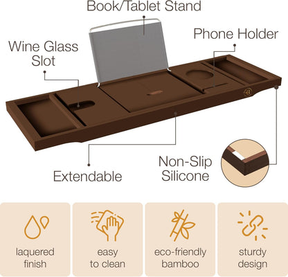 Bambüsi Bathtub Tray for Tub - Brown Bamboo Bath Tray, Expandable Wooden Bath Caddy Tray with Wine Holder, Book and Tablet Stand, Bathroom Accessories, Tub Table, Spa Bath Gifts for Women and Couples