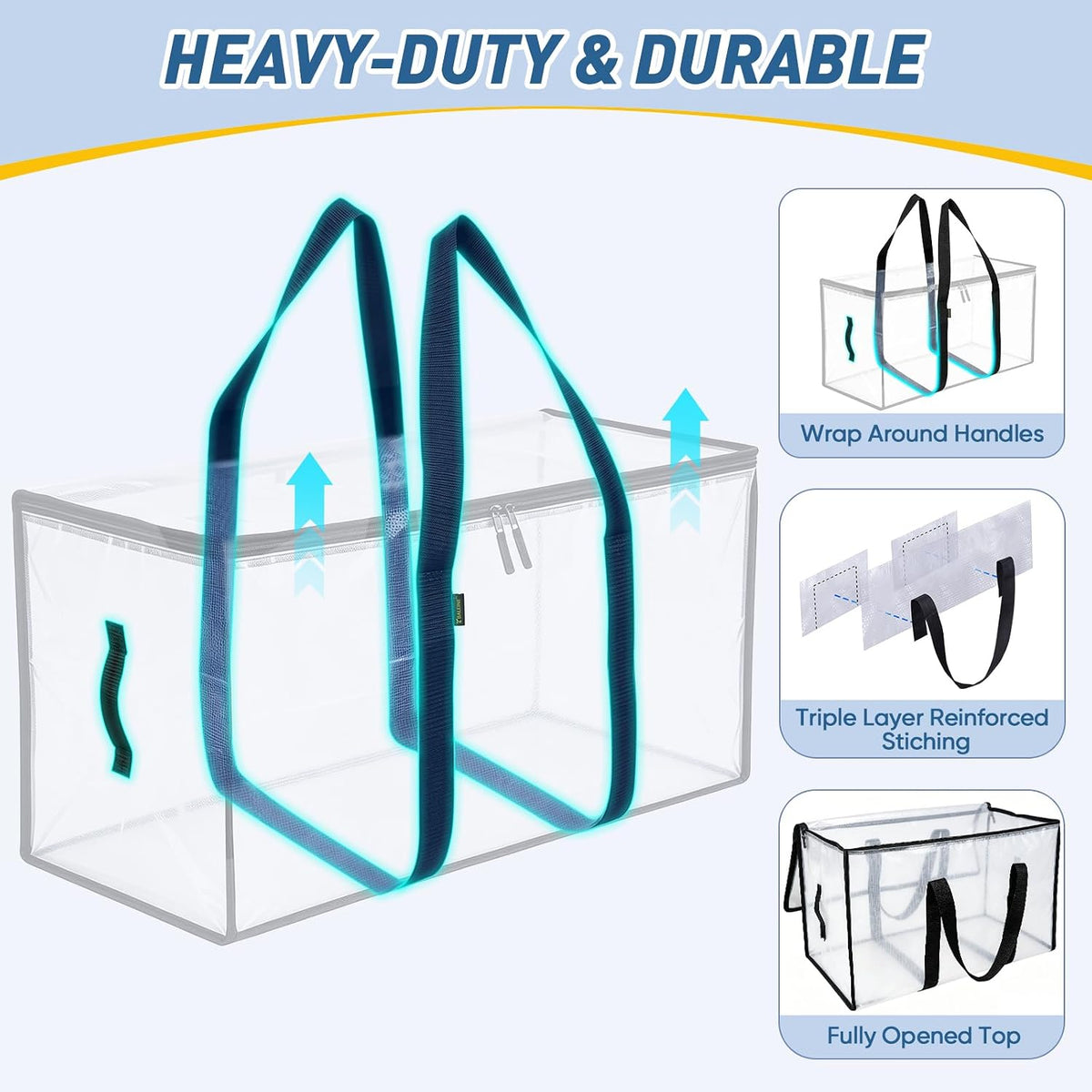 BALEINE Oversized Moving Bags with Reinforced Handles, Heavy-Duty Storage Tote for Clothes, Moving Supplies (Clear)