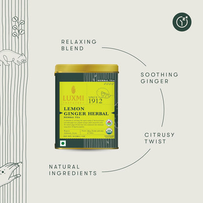 Luxmi Estates Lemon Ginger Tea, Organic Loose Leaf, 50g (1.76oz, 25 Cups), USDA Organic Herbal Infusion with Lemon Peel, Ginger Root, Lemongrass & Cinnamon - Caffeine-Free, Naturally Sweet, Resealable Tin