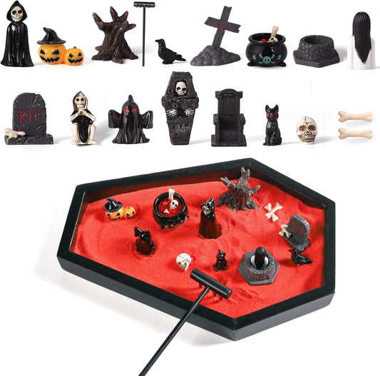 Coffin Zen Garden for Desk,Mini Zen Garden Kit Goth Accessories for Office Spooky Witchy Fantasy Whimsigoth Home Room Decor,Halloween Miniatures Town Village Horror Figurines Decorations Gift