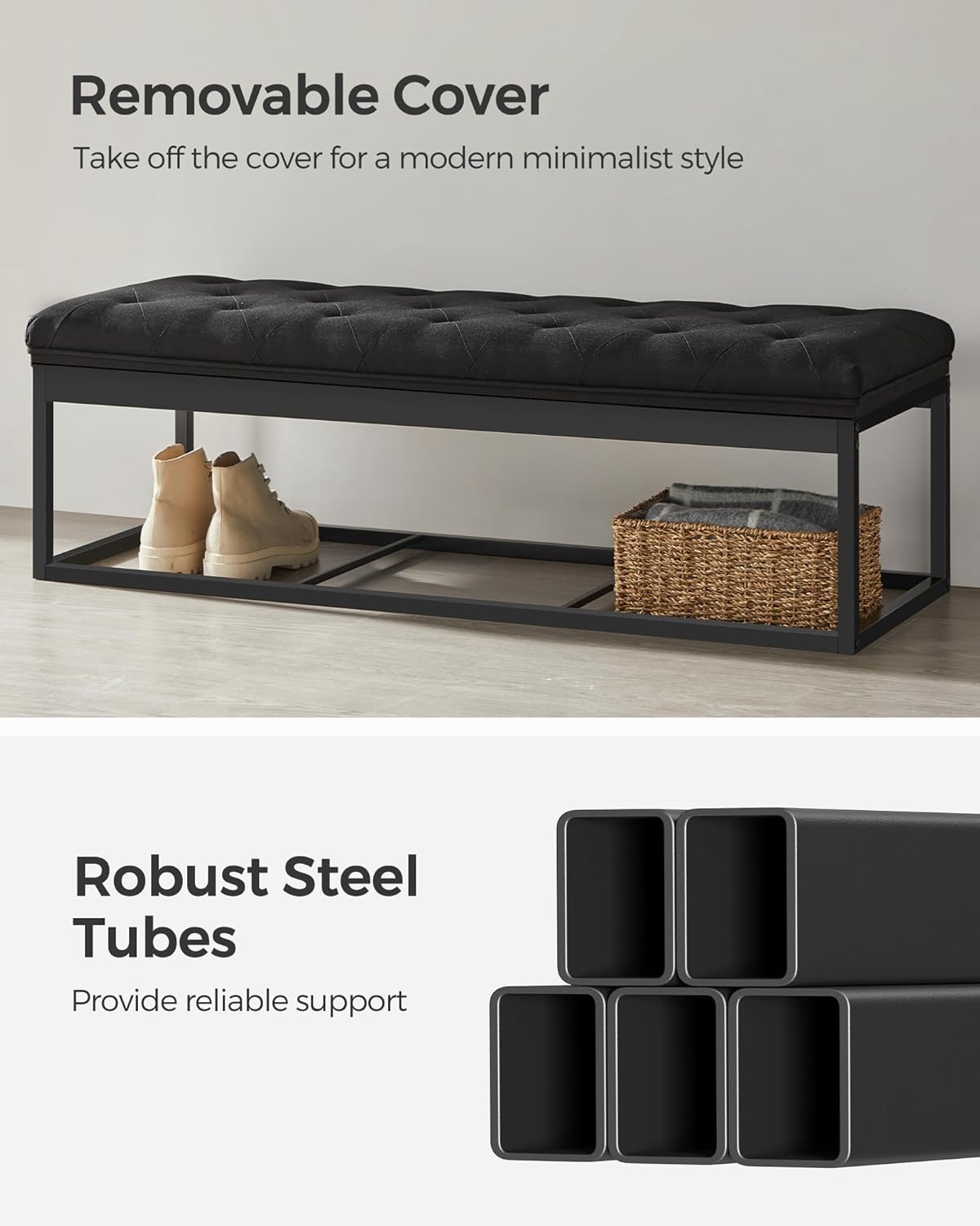 SONGMICS Storage Ottoman Bench, Foot Rest with Legs, 15.7 x 43.3 x 15.7 Inches, End of Bed Bench, Storage Chest, Load up to 660 lb, for Living Room, Bedroom, Entryway, Dark Gray ULSF088G01