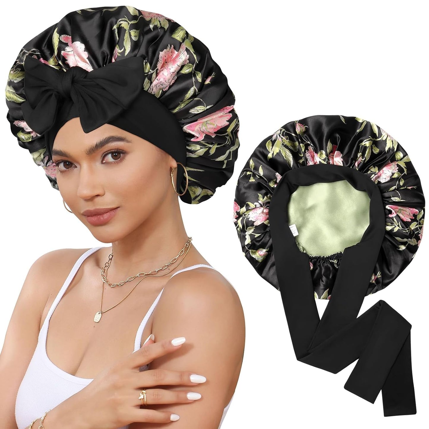 Satin Bonnet for Sleeping Cap Double Layer Hair Bonnet with Elastic Tie Band for Curly Hair Night Cap (Bean Paste + Pink)