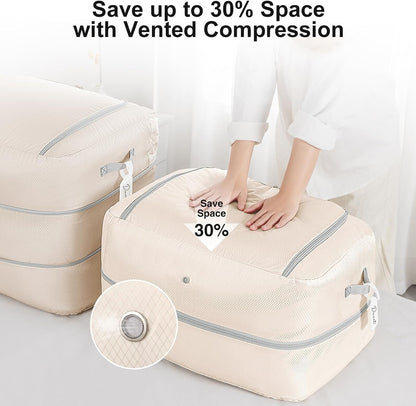 Comforter Storage Bag - Large Capacity Blanket Storage Bags 3-Layer Ultra Space Saving Self Compression Organizer, Washable Compression Bags for Storage Comforter Blanket, Beige