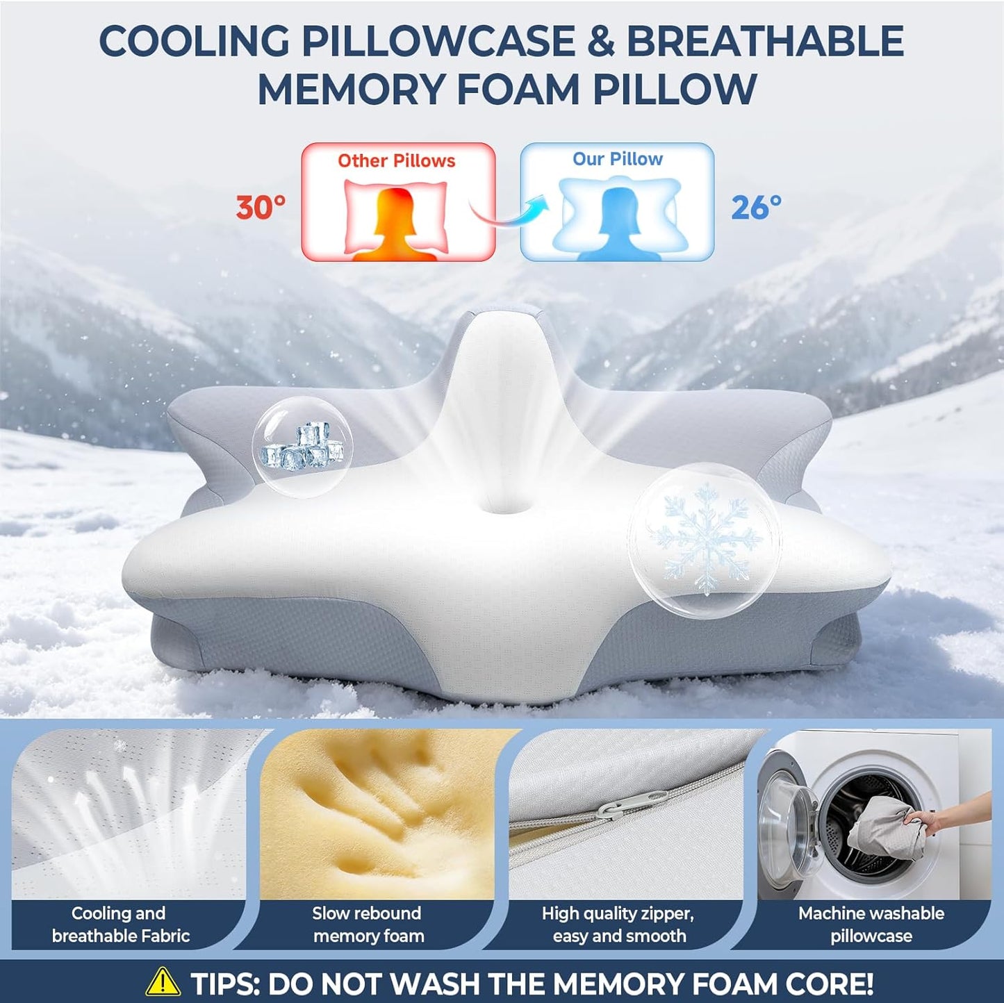 CPAP Pillow for Side Sleeping, 2-IN-1 Cervical Neck Pillow for Pain Relief, Cooling Memory Foam Pillows with Anti-Roll Support Pillar Ergonomic Orthopedic Pillows for Side Back & Stomach Sleepers