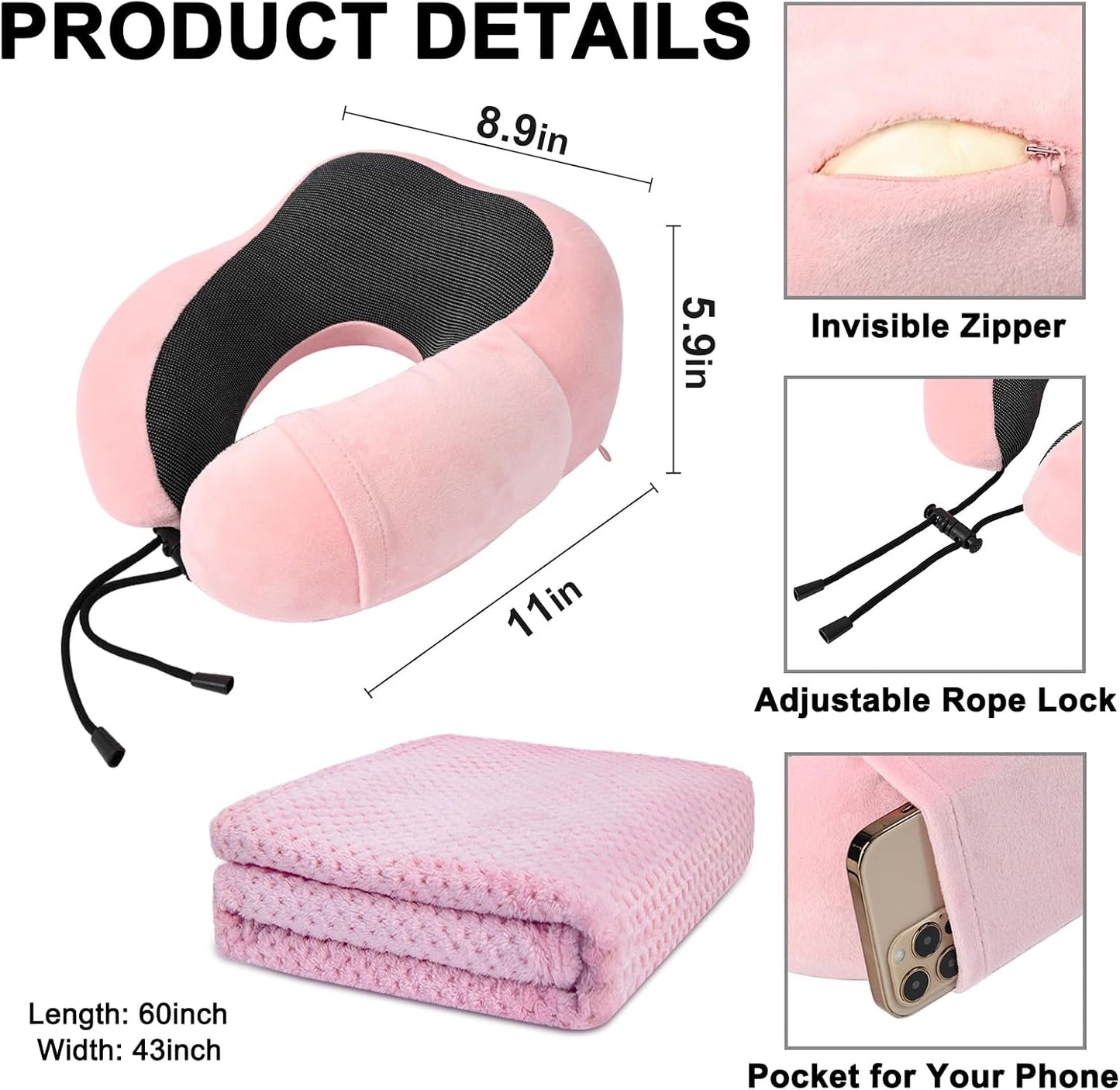 urnexttour Travel Pillow and Blanket Set Neck Pillow Airplane Foam Black