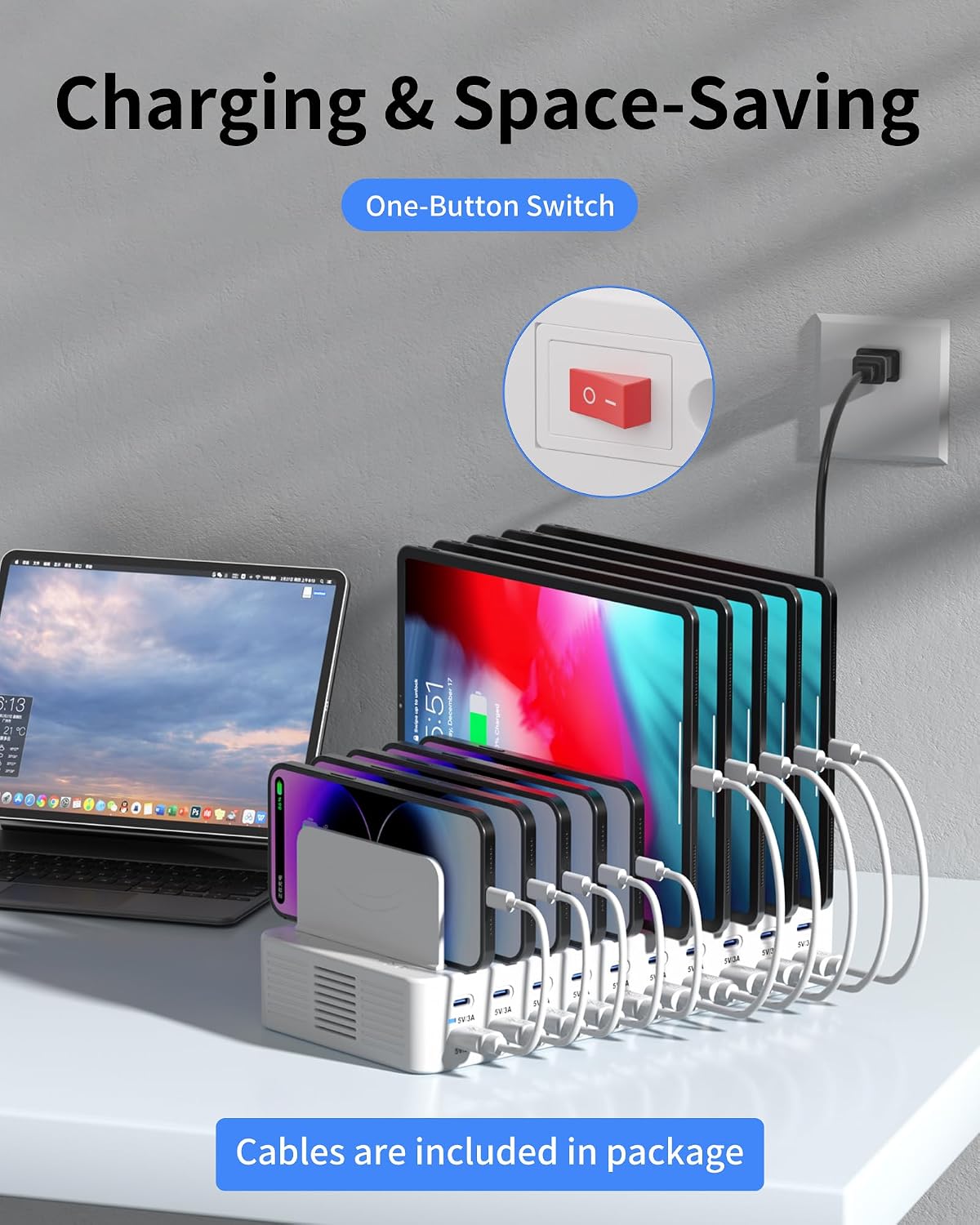 20-Port 270W Charging Station for Multiple Devices, USB Charger Station