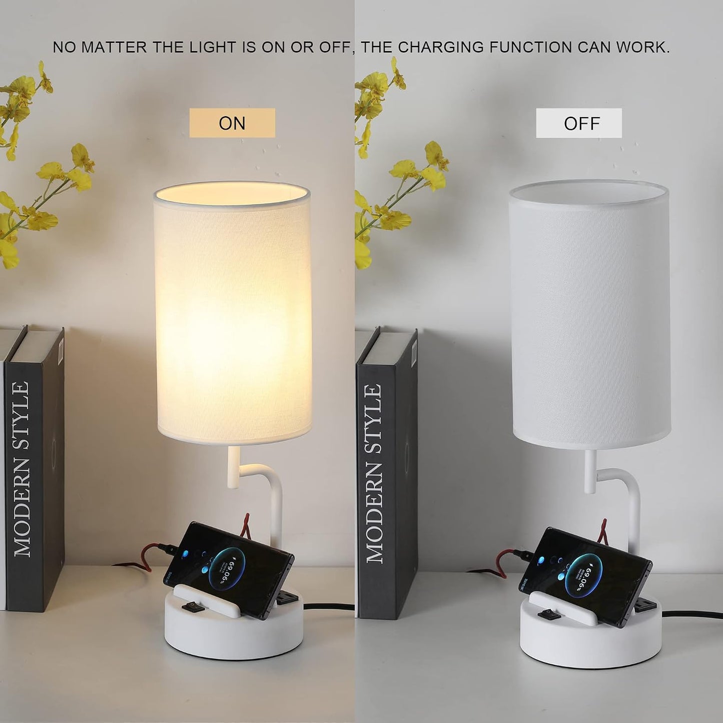 Dreamholder Table Lamp with 3 USB Charging Ports, Modern Desk Lamp with AC Outlet and Phone Stands, Perfect Bedside Lamp for Bedroom, Living Room, Office (Pack of 2), Cream