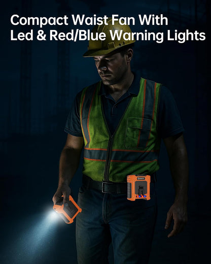 Waist Fan - Portable Cooling Clip Belt Fan with 10000mAh Battery, 24H Working Time, 3 Speeds, 16000RPM Airflow, LED SOS Warning Light for Jobsite, Farming, Fishing, Hot Summer