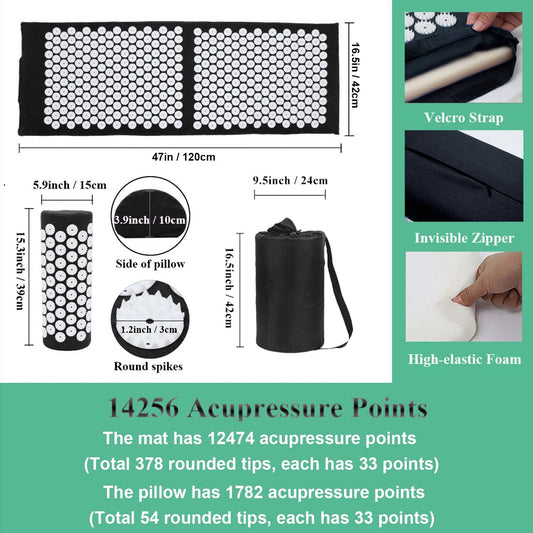 XiaoMaGe 47" Acupressure Mat and Pillow Set with Carry Bag (Black)