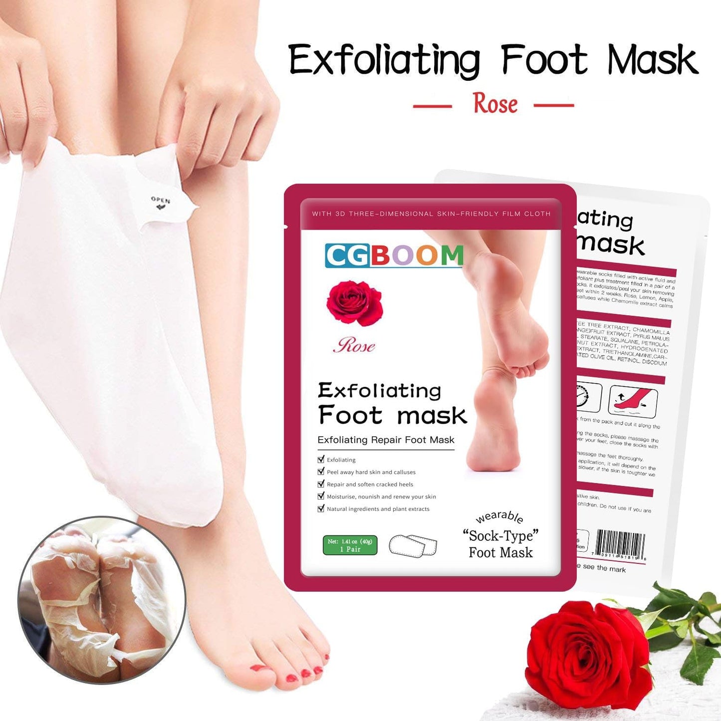 Foot Peel Mask 3 Pack, Exfoliator Peel Off Calluses Dead Skin Callus Remover, Baby Soft Smooth Touch Feet-Men Women (Rose)