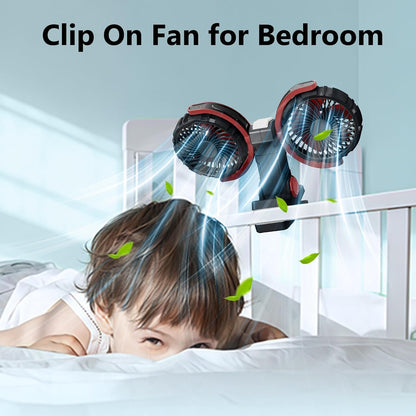 Dual Head Clip on Fan Battery Powered with Light,Portable USB Rechargeable Powerful Desk Table Fans,360°Rotation Cooling Clamp Fans for Car,Golf Cart,Treadmill,Kitchen,Outdoor Travel Camping(Black)