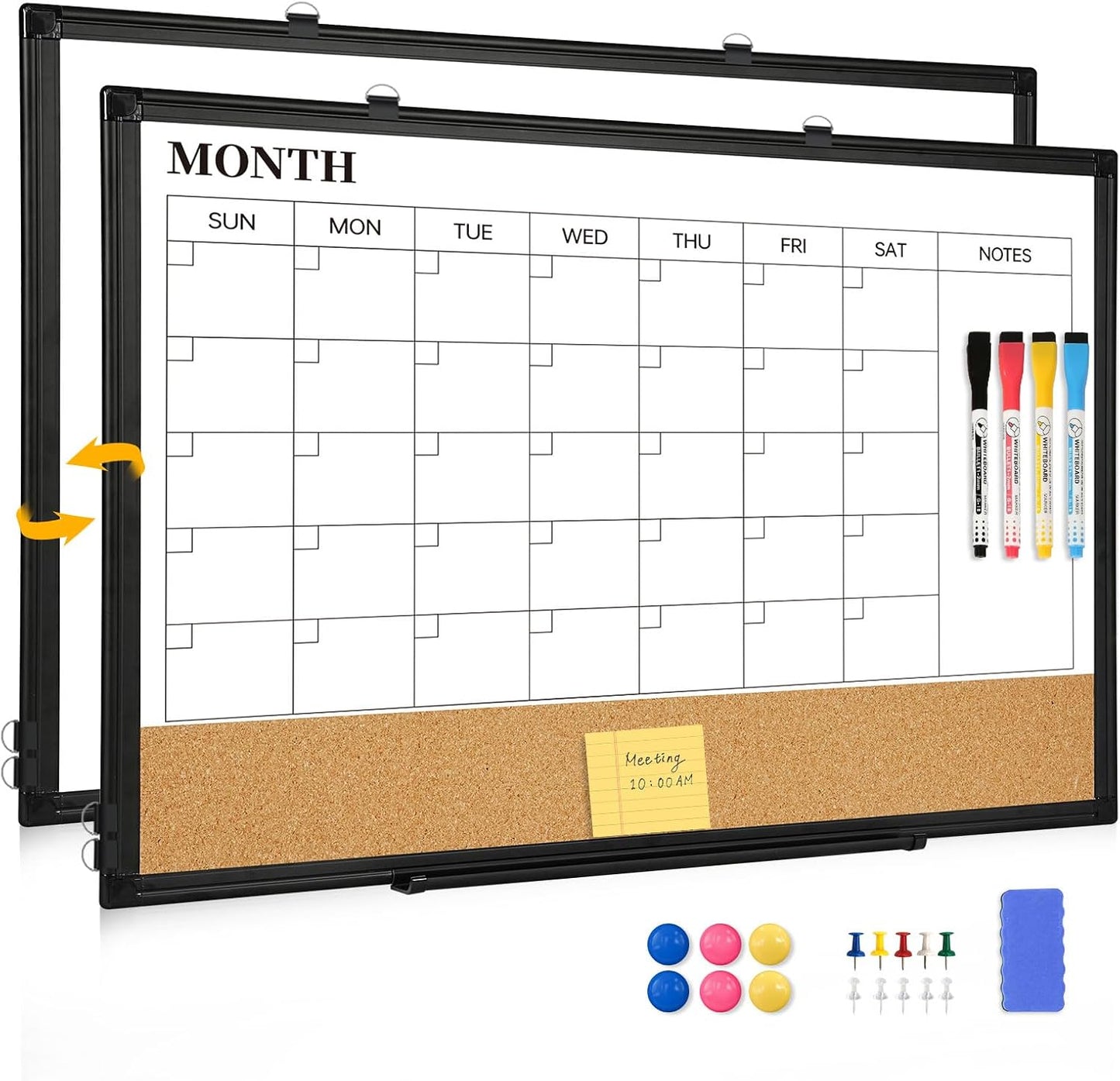 Dry Erase Calendar Whiteboard for Wall, 24"x18" Magnetic Monthly White Board Cork Board Combo, Double Sided, Aluminum Frame, Wall Hanging Wipe Board for Home, Office, School, Dorm