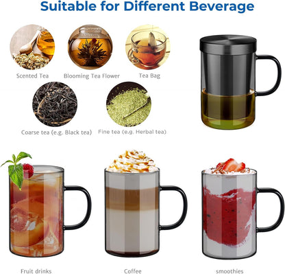 ecooe Tea Infuser Mug 16.9oz Glass Tea Cup with Removable Stainless Steel Infuser and Lid, Clear Glass Tea Cup 500ml Teacup for Loose Leaf Tea, Birthday for Parents Dad Mum Friends (Bronze)