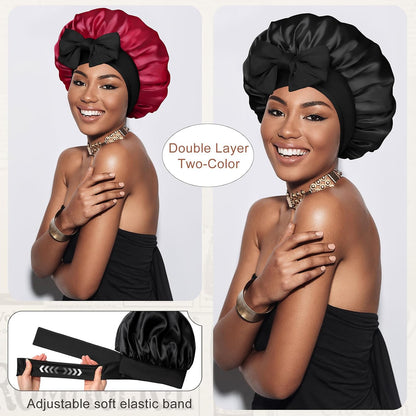 Satin Bonnet for Sleeping Cap Double Layer Hair Bonnet with Elastic Tie Band for Curly Hair Night Cap (Bean Paste + Pink)