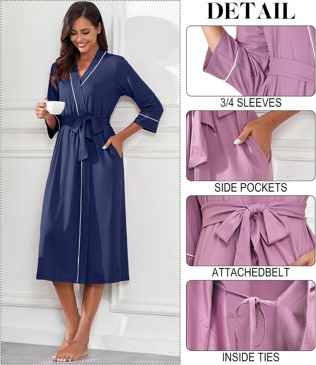 PrinStory Robes for Women 3/4 Sleeve Long Bath Robe XS-4XL