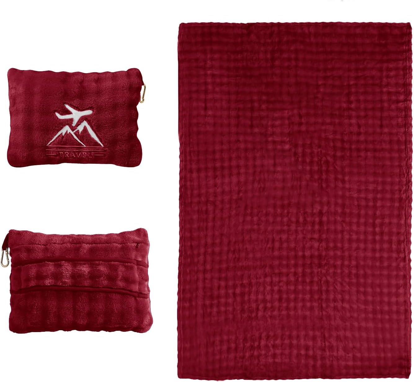 Travel Blanket and Pillow-2-in-1, Ultra-Soft&Compact, Airplane Blanket with Hand Luggage Belt and Backpack Clip,Travelers Accessories Gifts, 61x43 Inches(Pink