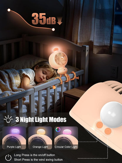 Stroller Fan for Baby with Night Light, 135° Automatic Air Swing (Orange)