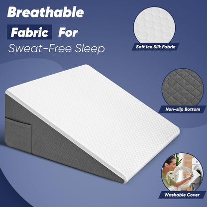 Bed Wedge Pillow for Sleeping & Resting, 8 inch Incline Pillow Wedge for Adults Seniors, Back Support and Leg Elevation, Cooling Memory Foam Top, Ideal for Couch, Bedroom & Living Room
