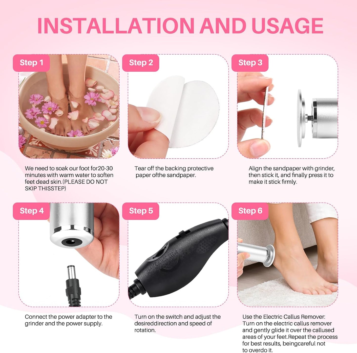 LIONVISON Electric Foot Callus Remover: Adjustable Speed Foot File for Cracked Heels - Working Women's Summer Pedicure Tool with 60pcs Sandpaper Discs - Dead Skin Remover for Dry Feet at-Home