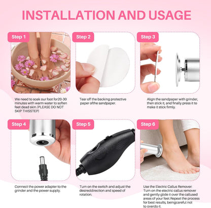 LIONVISON Electric Foot Callus Remover: Adjustable Speed Foot File for Cracked Heels - Working Women's Summer Pedicure Tool with 60pcs Sandpaper Discs - Dead Skin Remover for Dry Feet at-Home