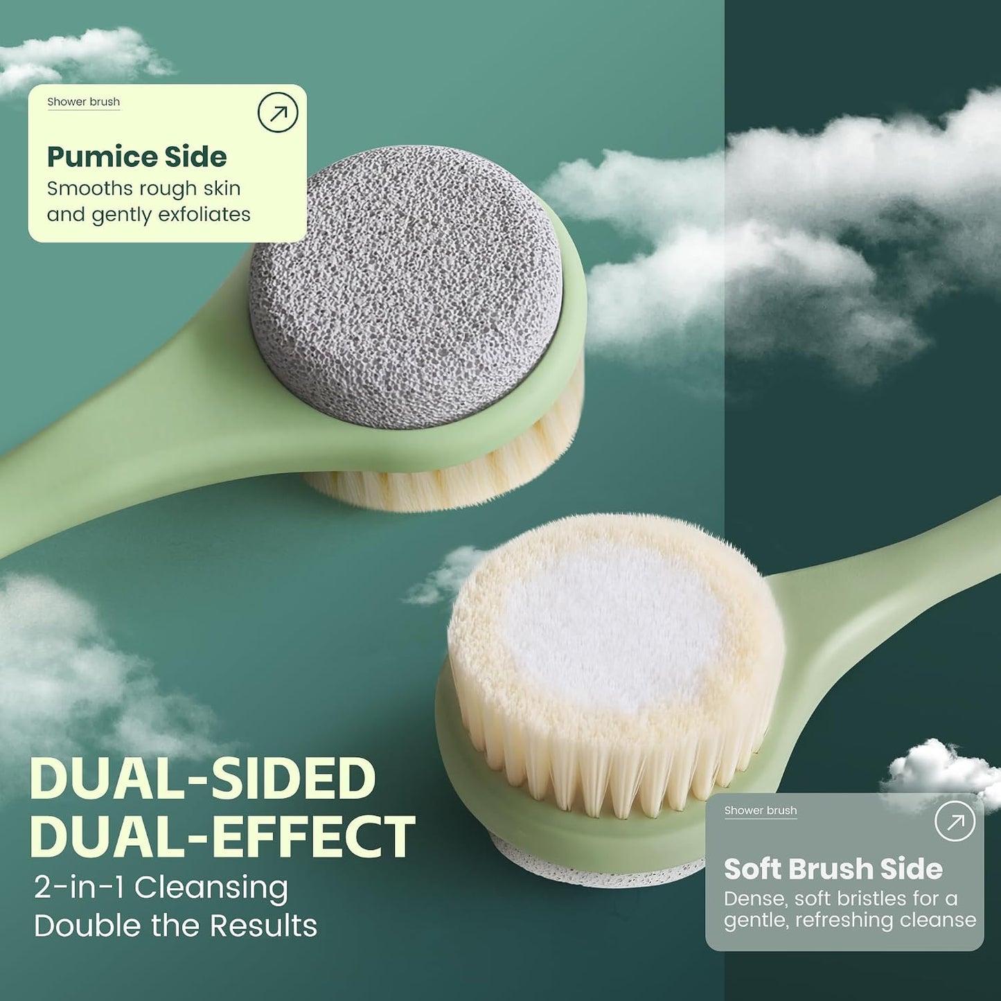 Back Scrubber for Shower, 15.7" Loofah with Handle, Back Shower Brush with Bristles and Loofah, Dry Brushing Body Brush for Cleanse Back and Hard to Reach Areas with Curved Long Handle