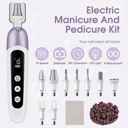 Cordless Electric Nail File Set, Professional Manicure Pedicure Kit with Memory Modes, 10 Speed Portable Nail Drill Machine, Pedicure Tools for feet, Hand Foot Care Tool for Thick Nail Toenail Cuticle