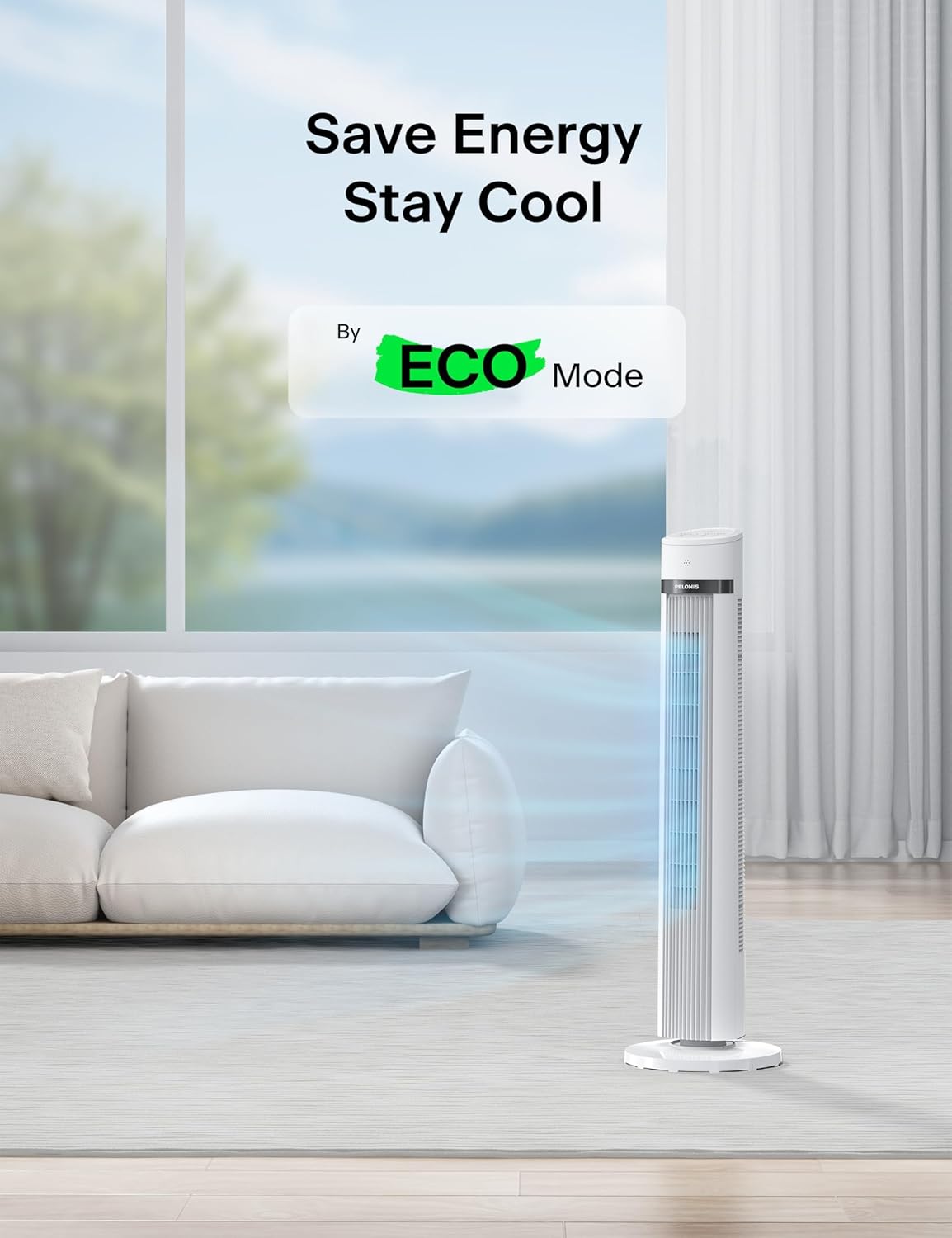 PELONIS 40 inch Bladeless Tower Fan for Bedroom, Standing Fan with Remote Control, 26ft/s, 90° Oscillation, 3 Speed Settings, 27dB, 3 Modes, 15-Hour Timer, LED Display, Fan that Blows Cold Air, White