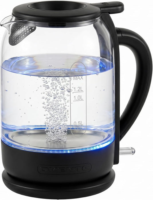 OVENTE Electric Kettle with 1.5L Borosilicate Glass, 1500W Fast Boiling Water Heater for Coffee or Tea, Easy to Fill Lid, Auto Shut-Off, Boil-Dry Protection & Stainless Steel Filter, White KG516W