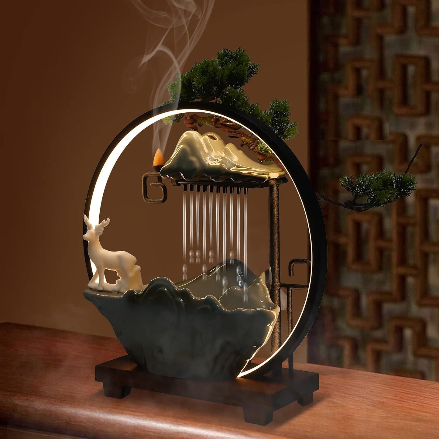 Mini Artificial Bonsai Tree Waterfall Fog Feature Rock Tabletop Fountain | 11in Desktop Decor Waterfall Fountain W/ Water Pump& Atomizer&LED Lights &Fake Tree Office Bedroom Relax